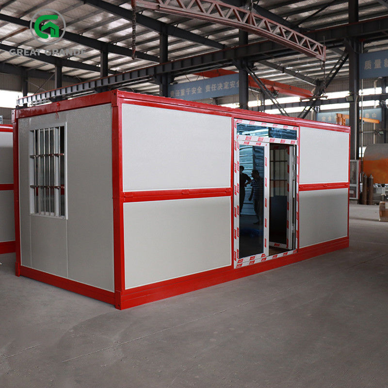 Prefab Folding Container Home Red Frame Side Glass Door Galvanized Steel Frame Support